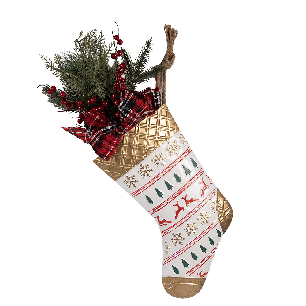 [5Y1382] Deko Weihnachtsstrumpf Weiß Goldfarbig 25x6x62 cm