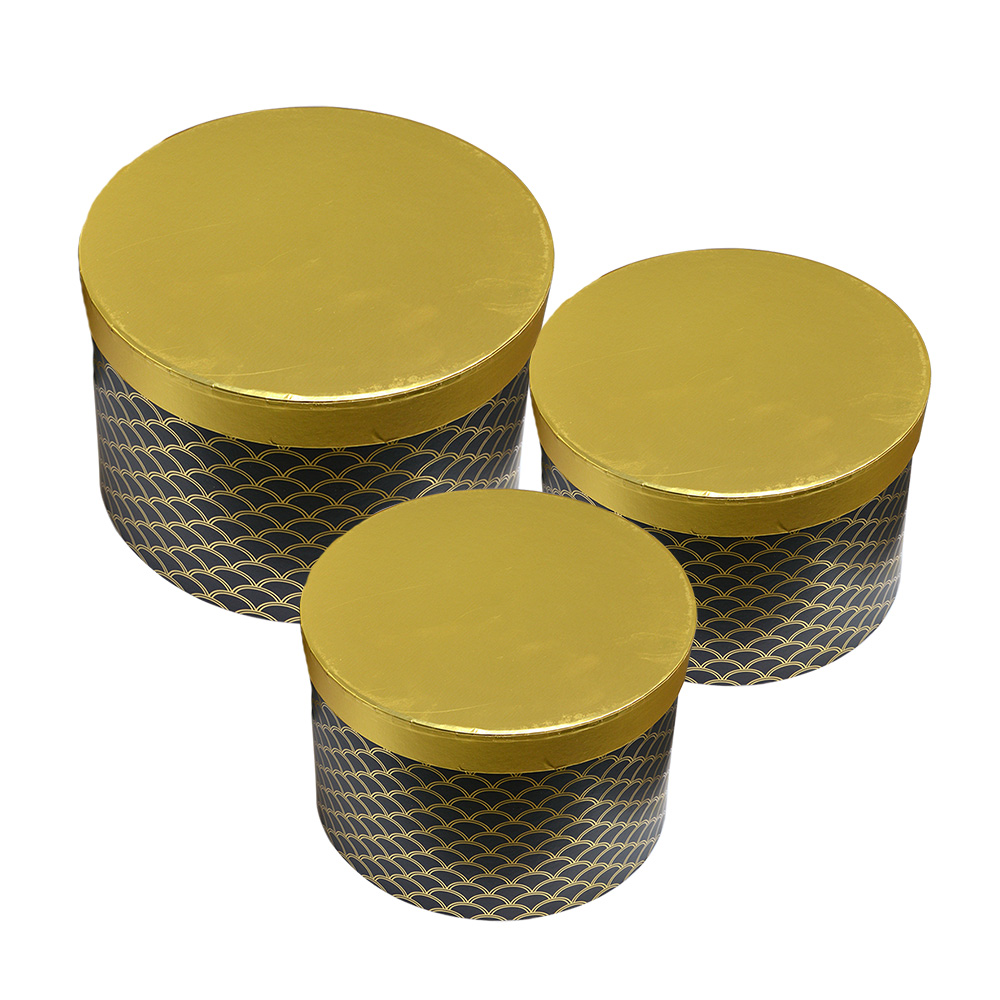 [65458] Hutschachtel 3er Set Goldfarbig Schwarz Ø 25x17 / Ø 23x16 / Ø 21x14 cm