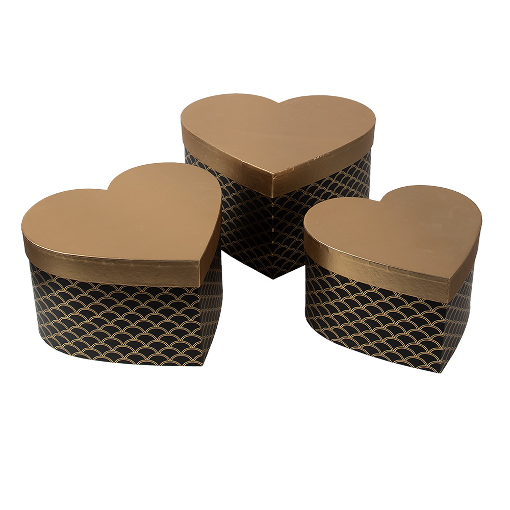 [65459] Storage box Heart Gold colored Black (3) 27x24x15 / 24x21x14 / 21x19x12 cm