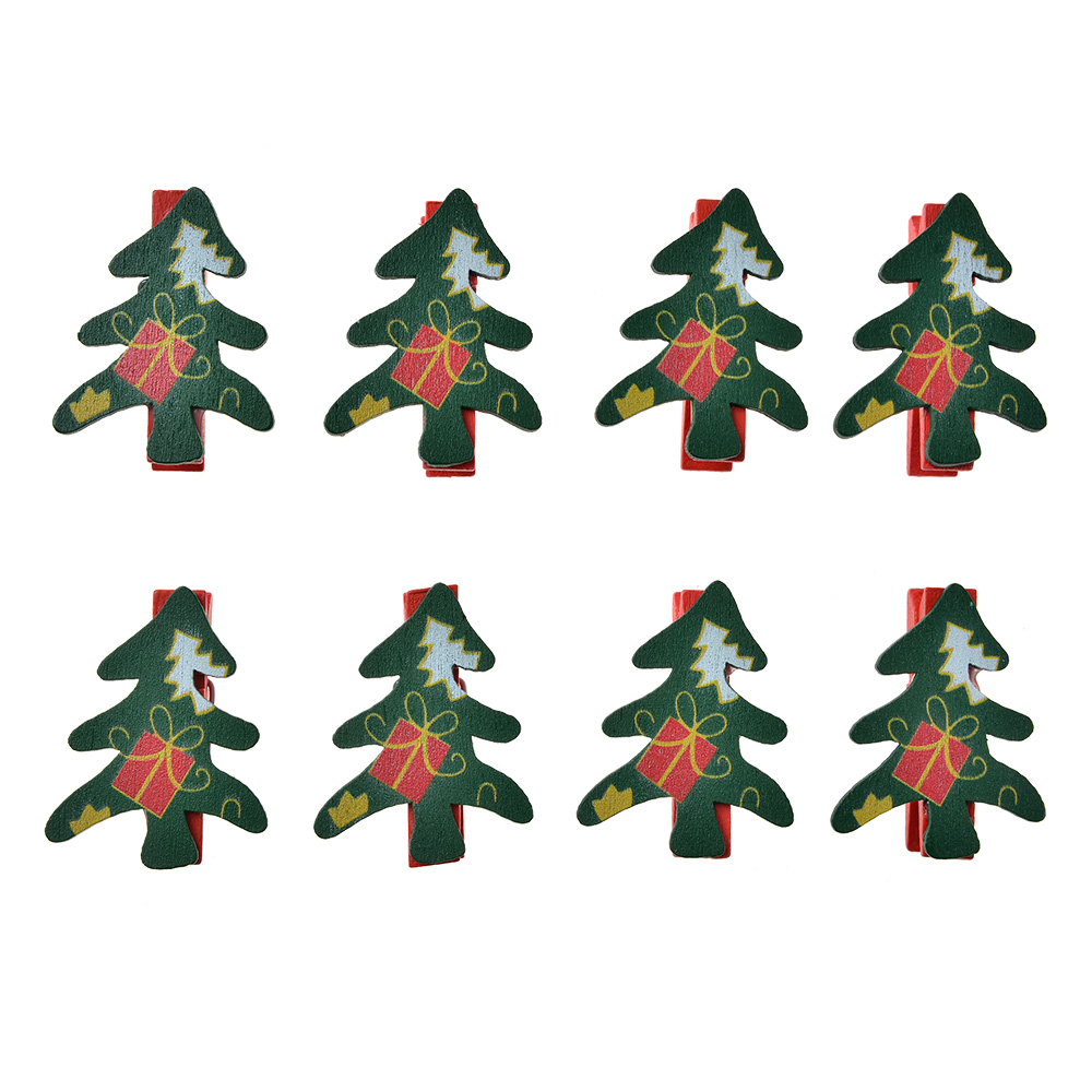 [65640] Pince à linge avec Arbre de Noël (set 8) Vert Blanc 3x1x4 cm