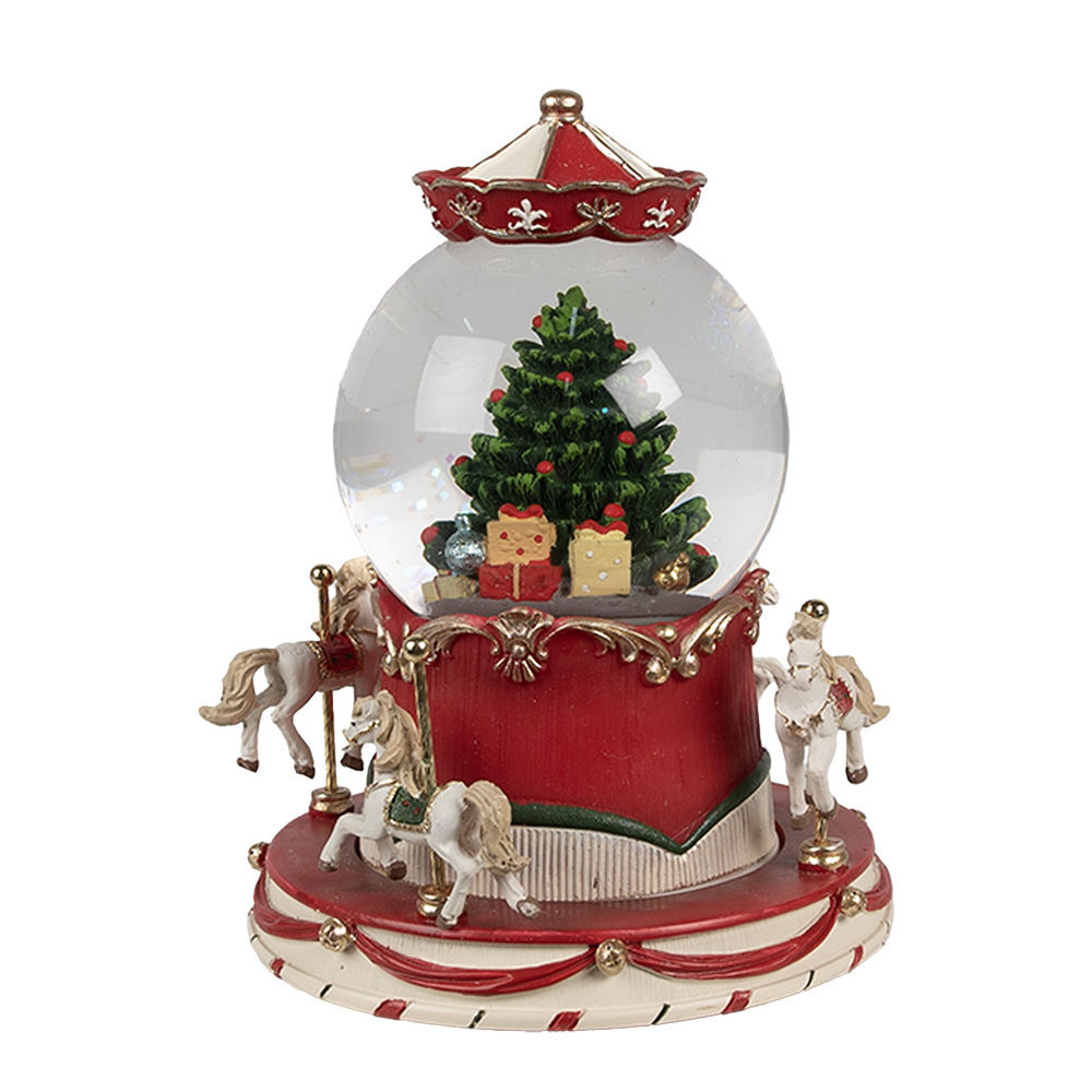 [65766] Palla di vetro con neve con la musica Albero di Natale Rosso Verde Ø 14x19 cm / 3xAAA