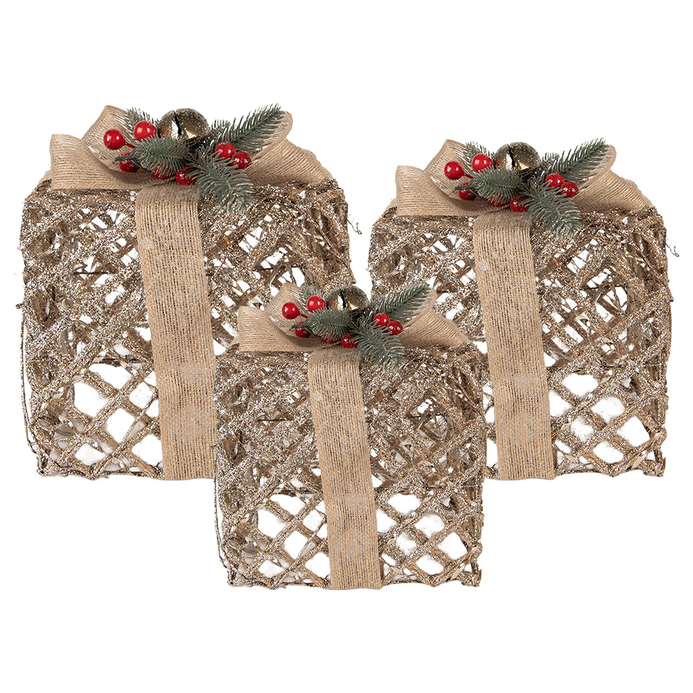 [66308] Dekoration Geschenk mit LED 3er Set Goldfarbig 25x25x30 / 20x20x24 / 15x15x17 cm / 6xAA