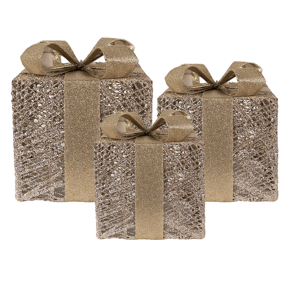 [66312] Dekoration Geschenk mit LED 3er Set Goldfarbig 25x25x30 / 20x20x24 / 15x15x17 cm / 6xAA