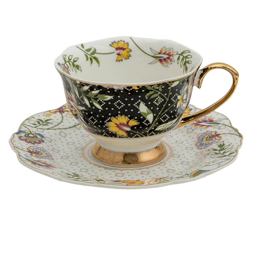 [6CE1283] Cup and Saucer White, Black 12x9x6 cm / Ø 15x2 cm / 200 ml