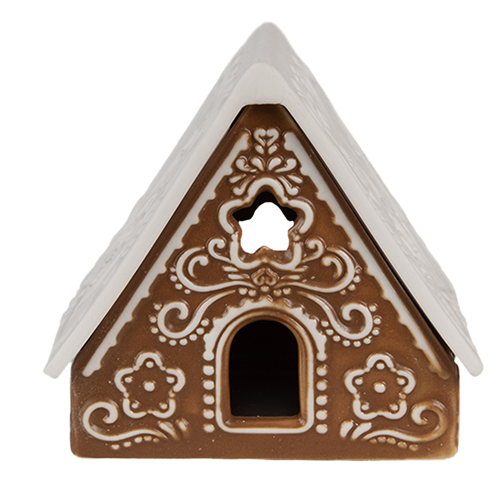 [6CE1744] Tealight Holder Christmas House Brown White 8x8x8 cm