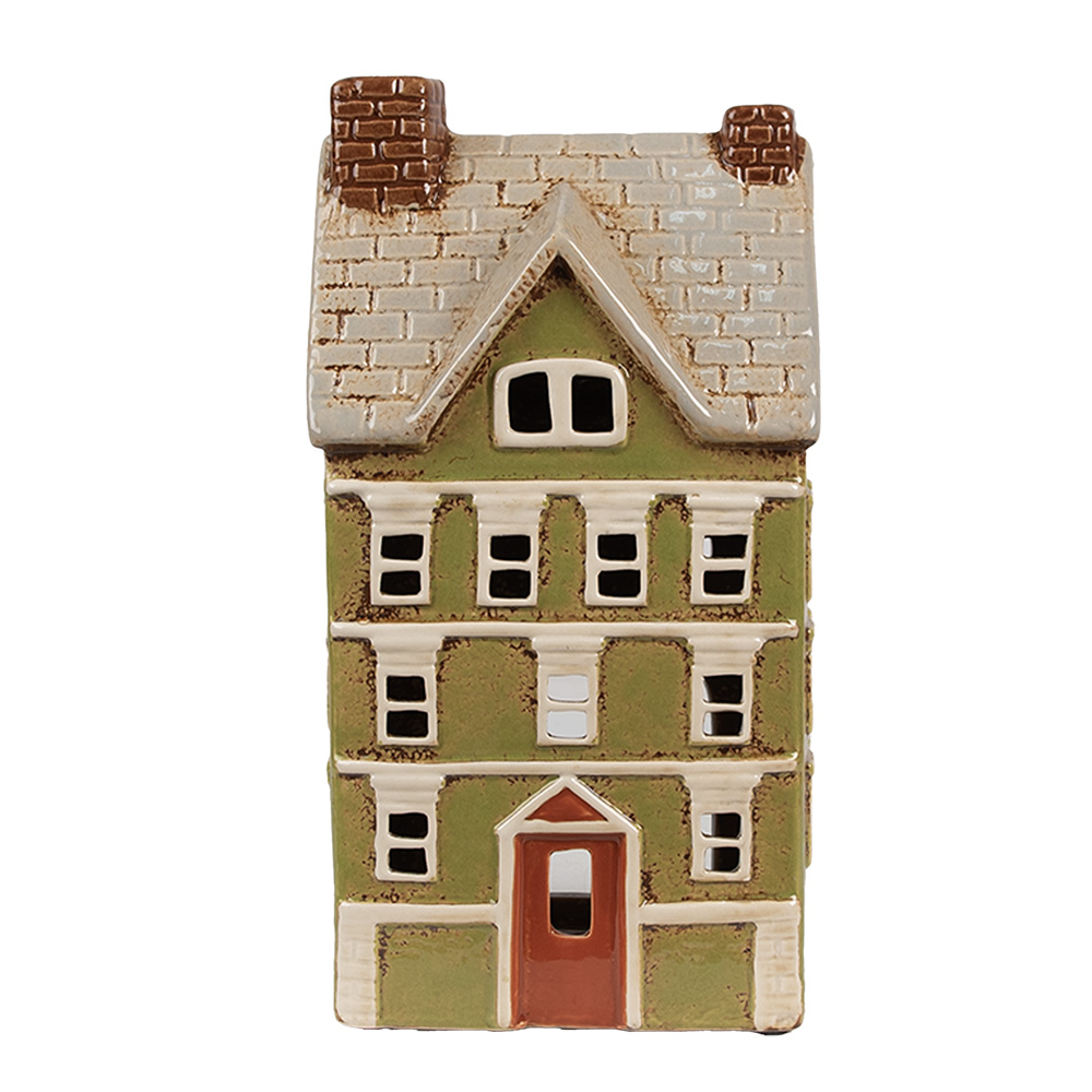 [6CE1870] Kerzenhalter Weihnachten Häuschen Grün Beige 14x10x26 cm