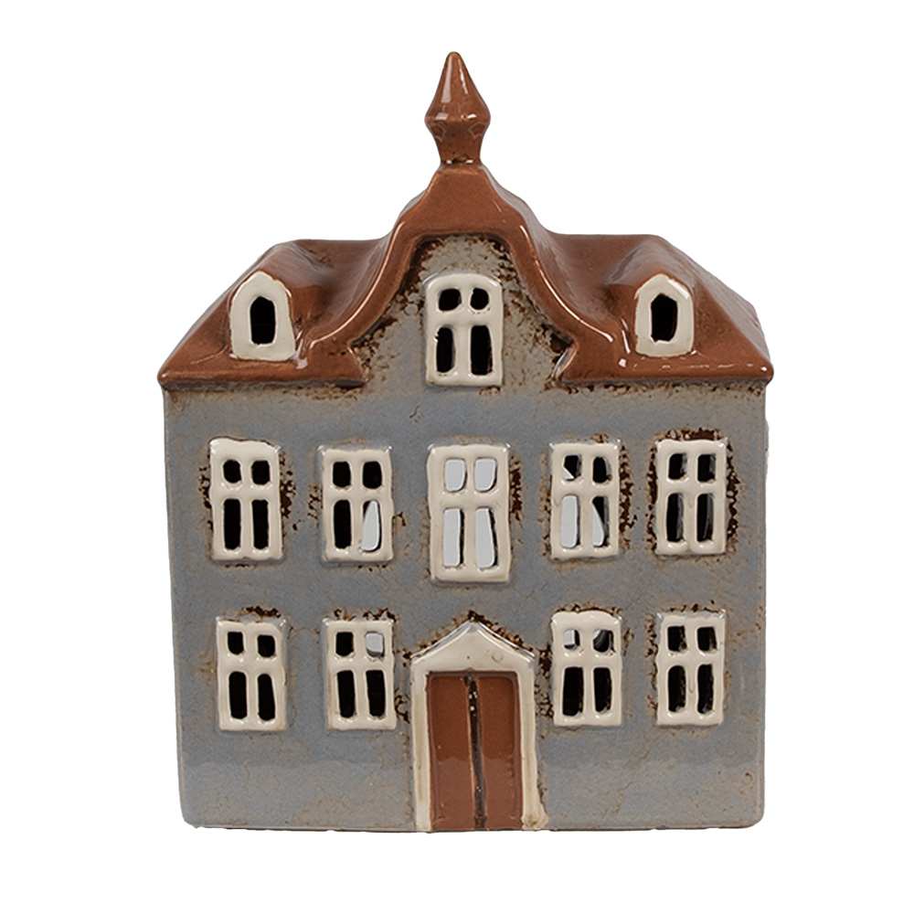 [6CE1883] Kerzenhalter Weihnachten Häuschen Grau Braun 16x9x20 cm