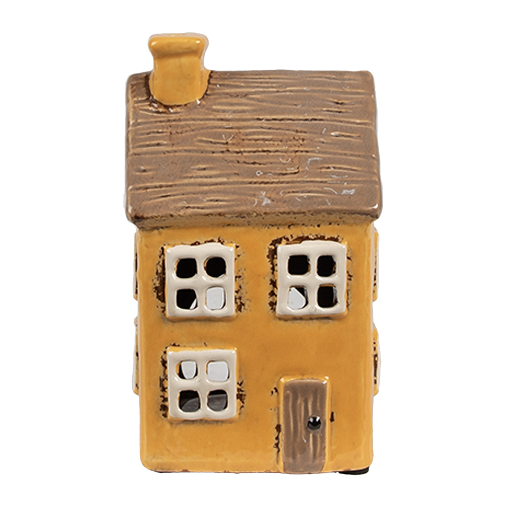 [6CE1891] Kerzenhalter Weihnachten Häuschen Gelb Braun 9x9x15 cm