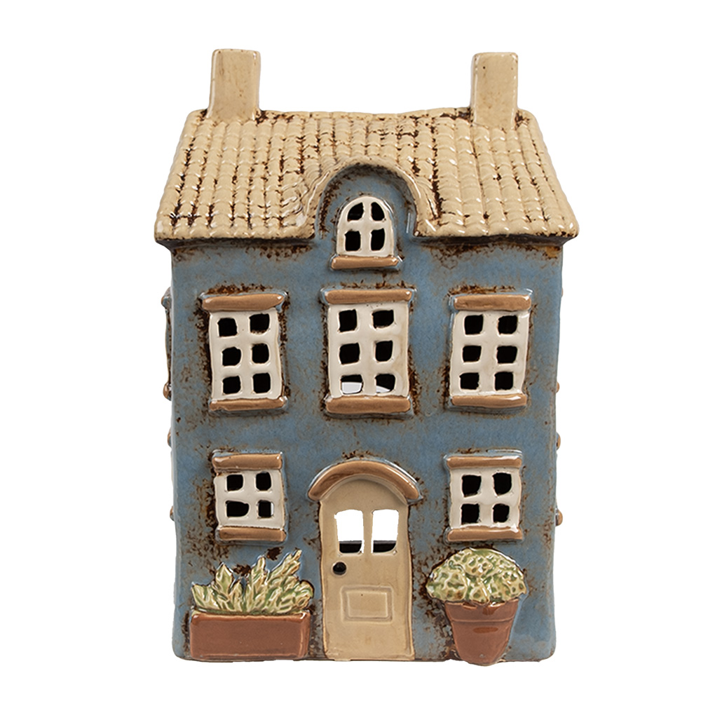 [6CE1894] Tealight Holder Christmas House Bleu Beige 16x10x23 cm