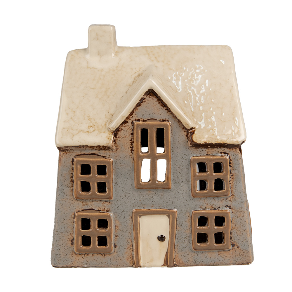 [6CE1899] Kerzenhalter Weihnachten Häuschen Grau beige 15x10x17 cm