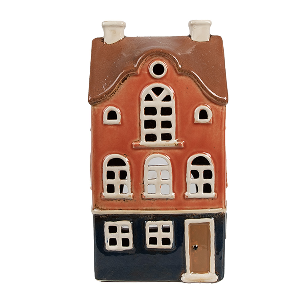 [6CE1914] Kerzenhalter Weihnachten Häuschen Orange Blau 12x9x22 cm