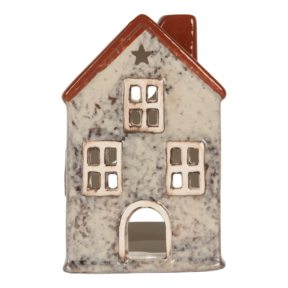 [6CE2284] Tealight Holder Christmas House Grey Red 8x7x13 cm