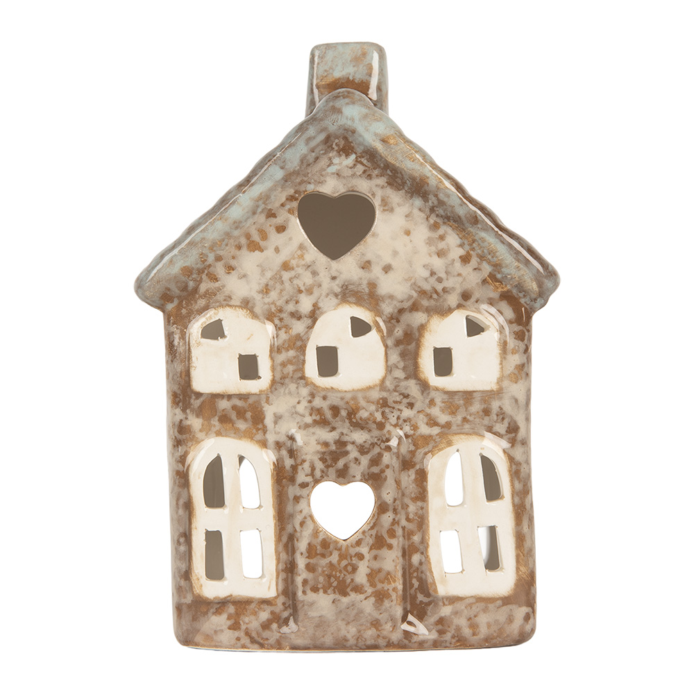 [6CE2291] Tealight Holder Christmas House Beige Green 9x6x13 cm