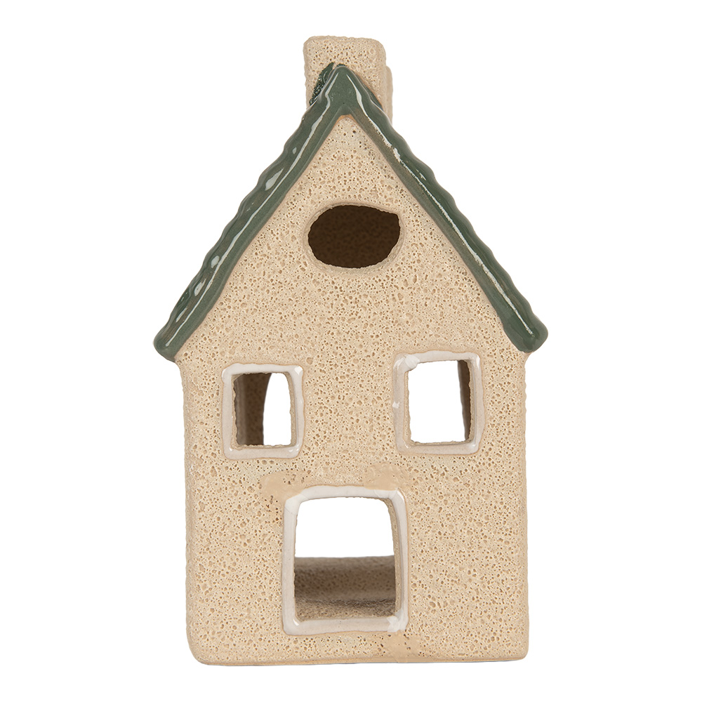 [6CE2310] Kerzenhalter Weihnachten Häuschen Beige Grün 8x11x14 cm