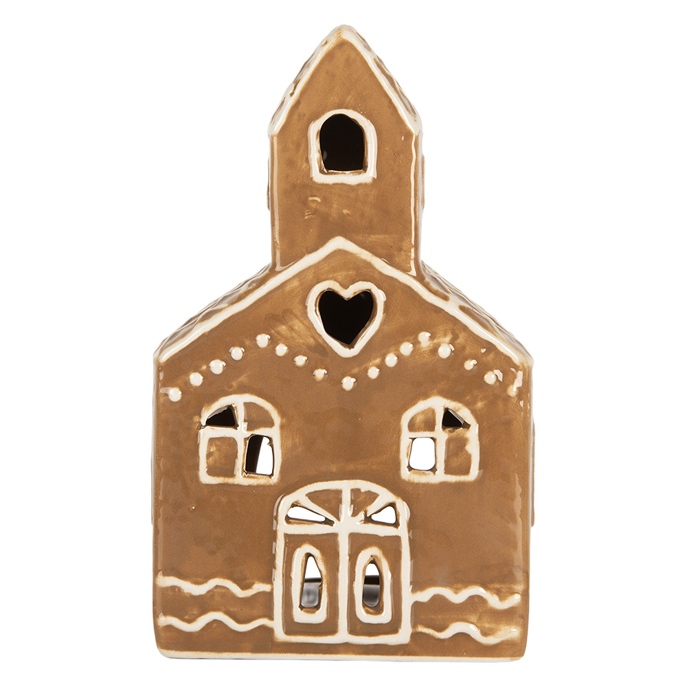[6CE2335] Kerzenhalter Weihnachten Häuschen Braun Weiß 10x10x16 cm