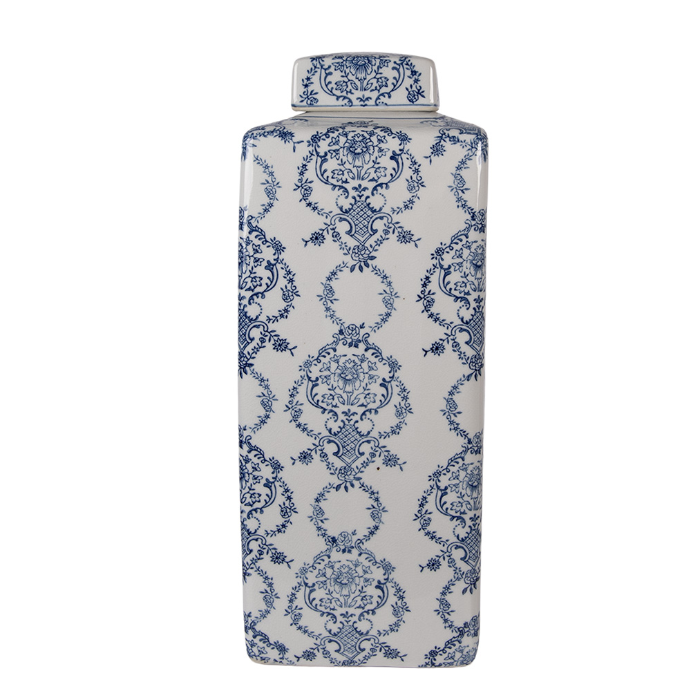 [6CE2388L] Decoration Jar with Lid White Blue 16x16x41 cm