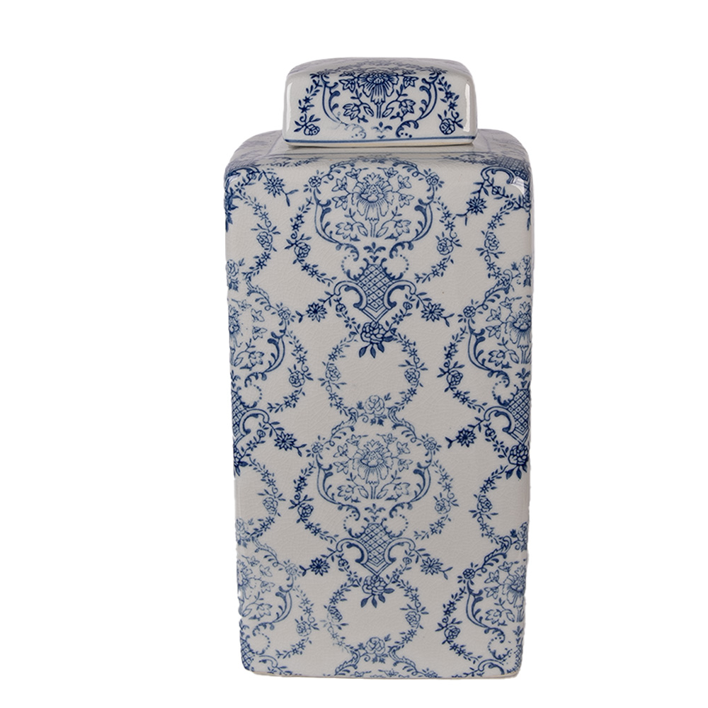 [6CE2388S] Decoration Jar with Lid White Blue 15x15x31 cm