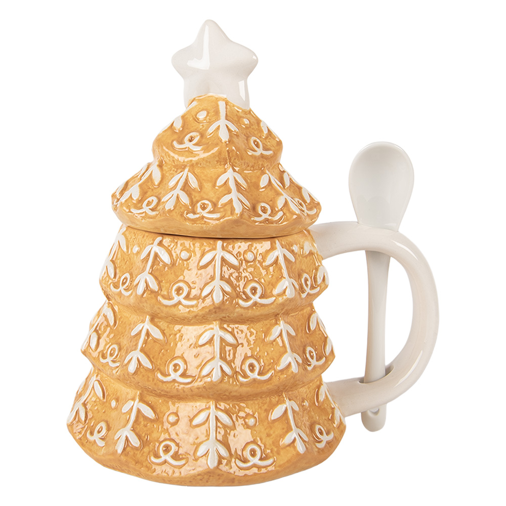 [6CEMU0212] Tazza con coperchio e cucchiaio Marrone Bianco 16x12x18 cm / 350 ml