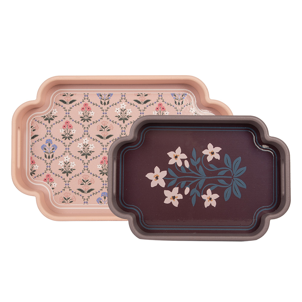 [6H2463] Vassoio Decorativo (set di 2) Rosa Viola 46x30x5 / 35x24x5 cm
