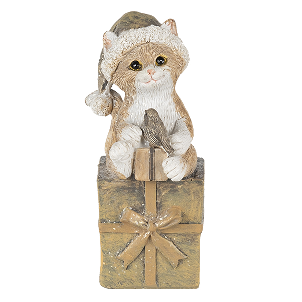 [6PR4643] Weihnachtsdeko Standbild Katze Braun, Weiß 5x4x10 cm