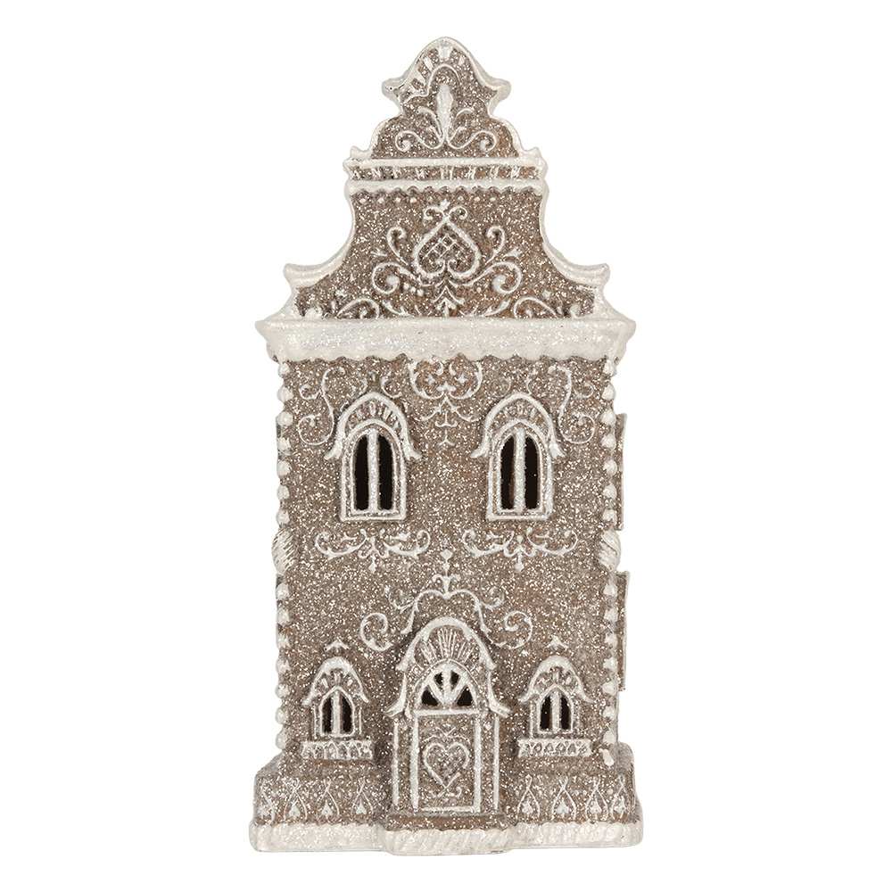 [6PR5808] Dekoration Haus mit LED Braun Weiß 17x15x35 cm