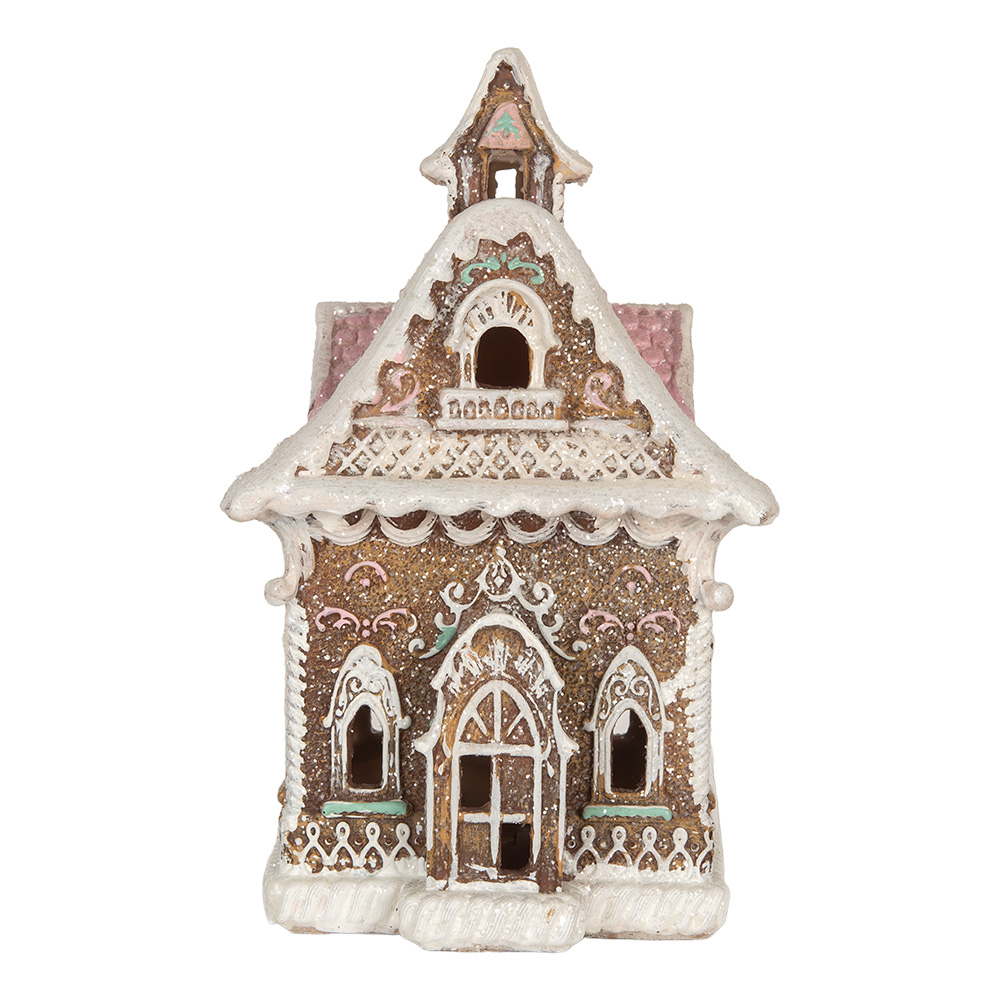 [6PR5833] Dekoration Haus mit LED Braun Rosa 16x15x25 cm