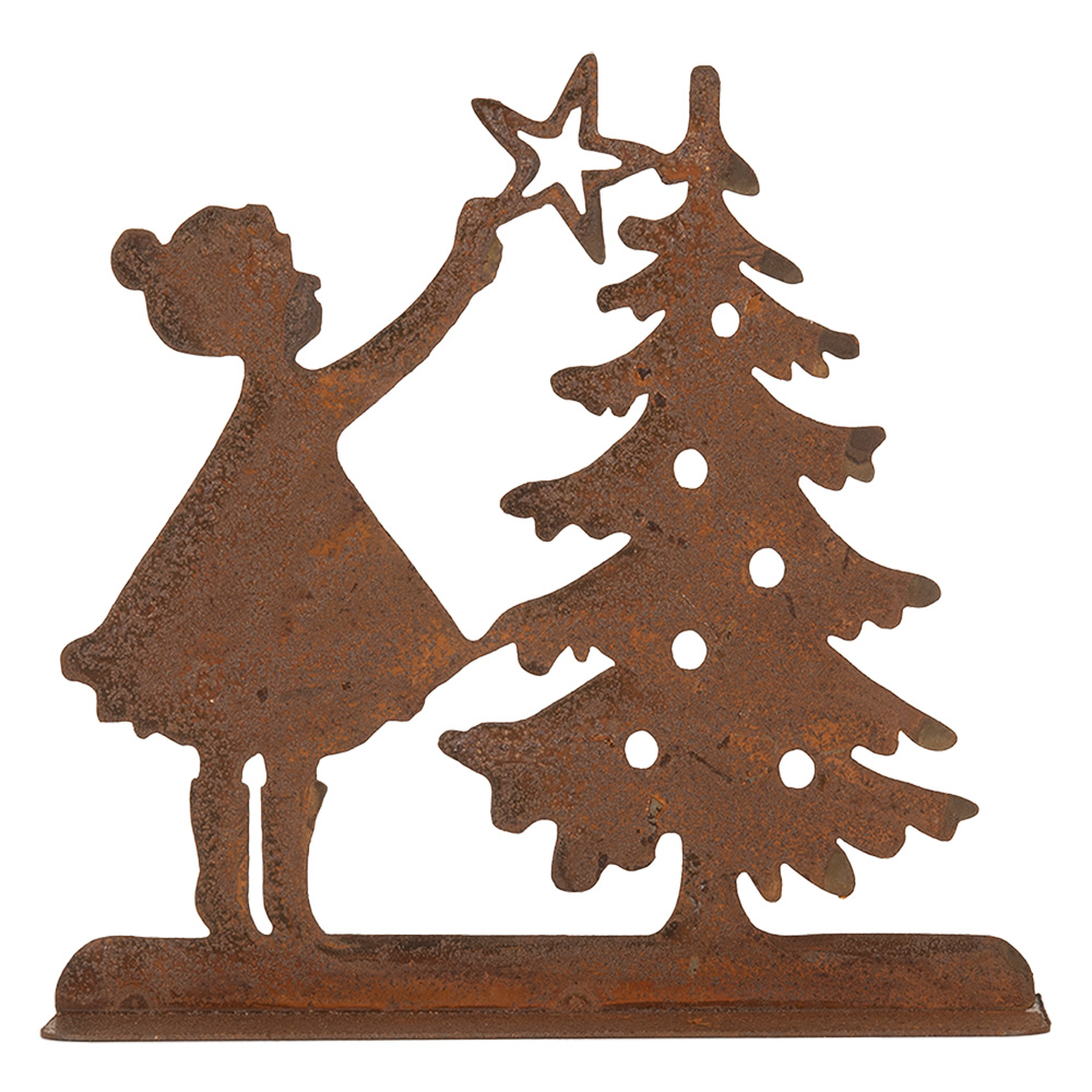 [6Y5780] Weihnachtsdeko Kind mit Weihnachtsbaum Braun 14x5x14 cm