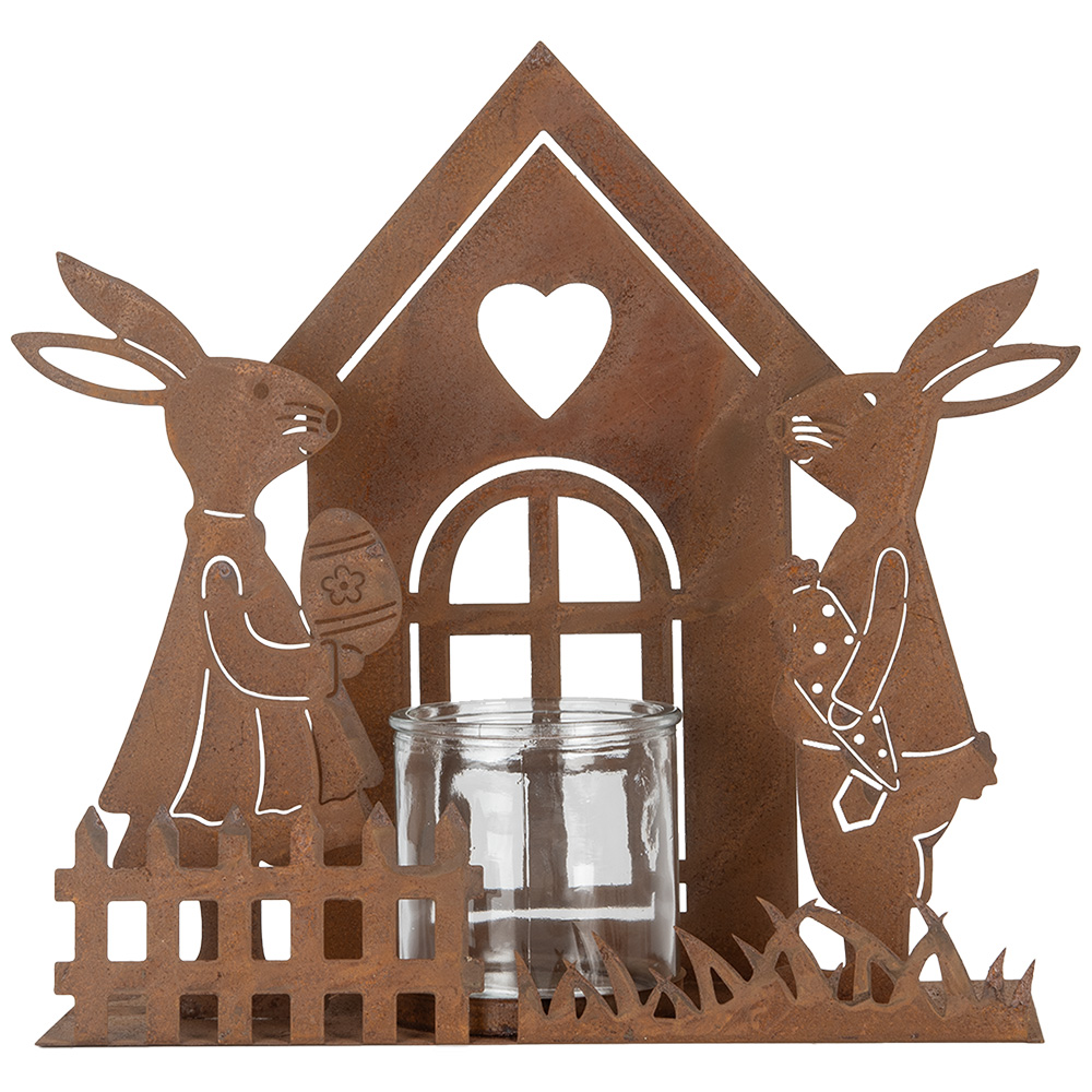 [6Y5786] Portacandele Casa con conigli Marrone 26x9x26 cm