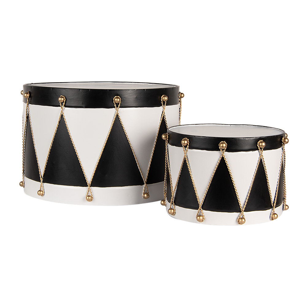 [6Y5806] Décoration Tambour Blanc Noir (set 2) Ø 40x25 / Ø 26x17 cm