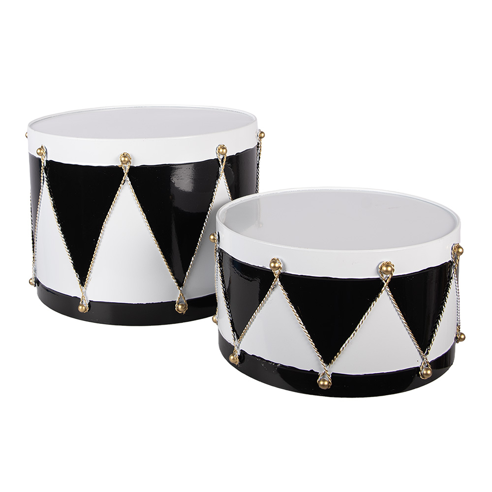 [6Y5989] Décoration Tambour Blanc Noir (set 2) Ø 37x26 / Ø 32x17 cm