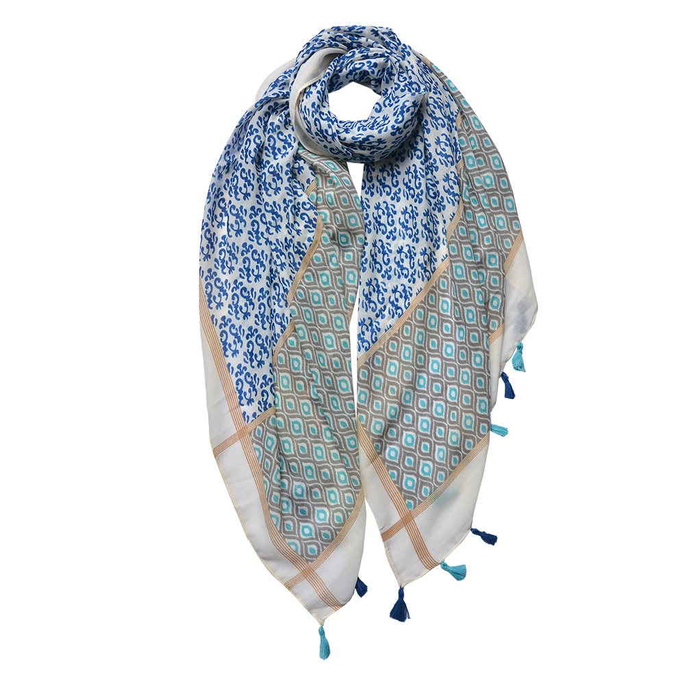 [JZSC0735BL] Foulard Donna Stampato Blu Verde Beige 90x180 cm