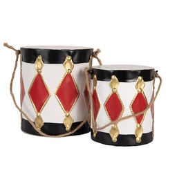 [6Y5808] Décoration Tambour Blanc Noir (set 2) Ø 15x18/35 / Ø 13x14/28 cm