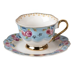 [6CE1278] Tasse et soucoupe Bleu, Blanc 12x9x7 cm / Ø 15x2 cm / 160 ml