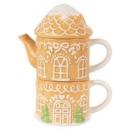 [6CETE0213] Teekanne mit Becher Braun Weiß 19x12x23 cm / 550 ml / 450 ml