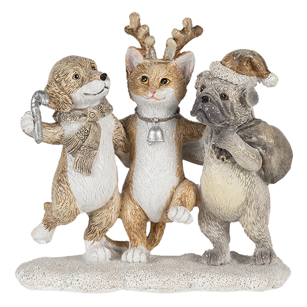 Weihnachtsdeko Standbild Hunde und Katze Grau, Beige, Weiß 13x5x12 cm