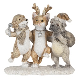 [6PR4633] Weihnachtsdeko Standbild Hunde und Katze Grau, Beige, Weiß 13x5x12 cm