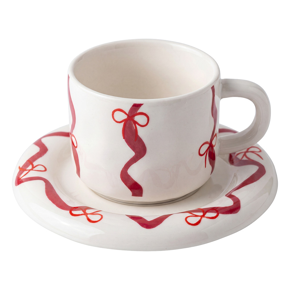Kaffeetasse mit Untertasse Weiß Rot